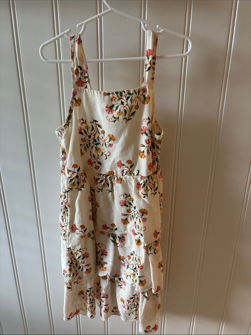 Cream Floral Tiered Sundress with Pink and Mustard Blooms